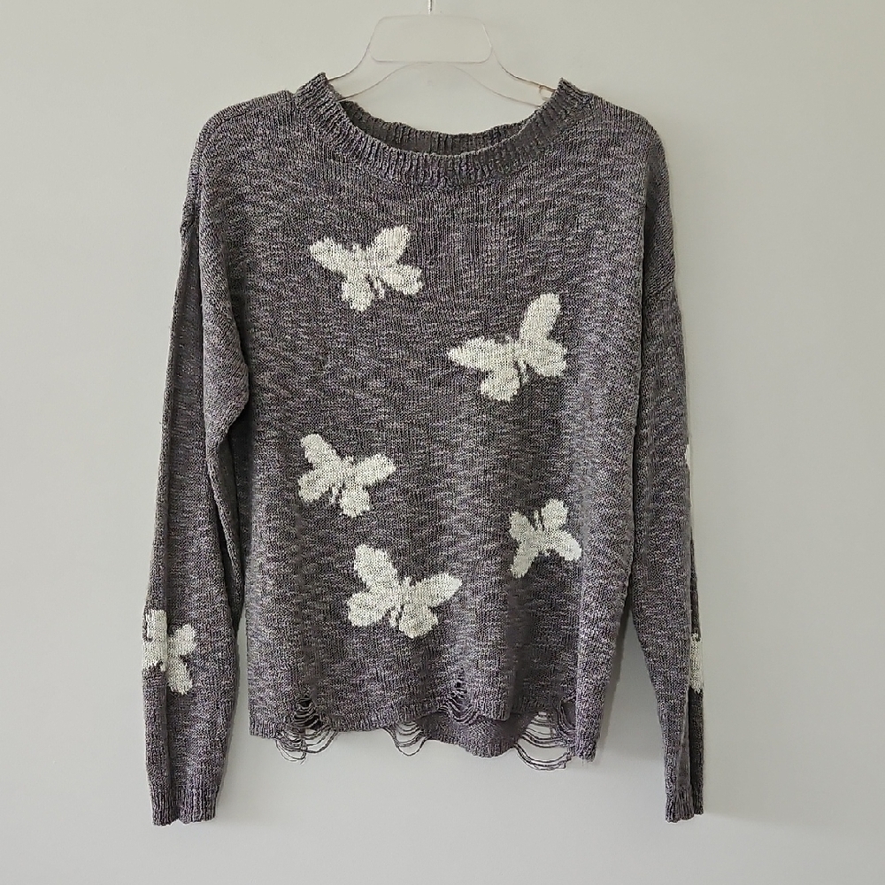 Cato Gray Distressed Crewneck Sweater With Butterflies Size Medium